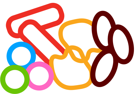 Un grupo de objetos coloridos dispuestos sobre un fondo negro.